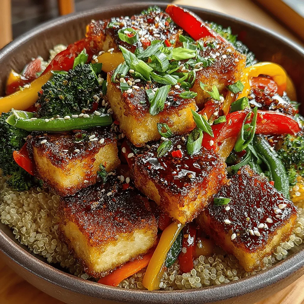 - 1 block of firm tofu - 2 tablespoons soy sauce - 1 tablespoon olive oil or sesame oil - 1 red bell pepper, sliced - 1 yellow bell pepper, sliced - 1 cup broccoli florets - 1 cup snap peas - 1 carrot, julienned - 2 cloves garlic, minced - 1 tablespoon fresh ginger, grated - Salt and pepper to taste - Optional: sesame seeds for garnish