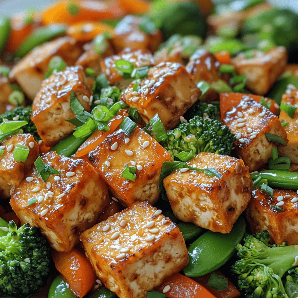 - 14 ounces firm tofu - 2 tablespoons soy sauce (low-sodium preferred) - 2 tablespoons cornstarch - 3 tablespoons vegetable oil (such as canola or peanut oil) - 1 bell pepper (red, yellow, or green), sliced - 1 cup broccoli florets - 1 cup snap peas - 1 carrot, julienned - 2 cloves garlic, minced - 1 tablespoon fresh ginger, minced - 1 tablespoon sesame oil - Chopped green onions for garnish - Sesame seeds for garnish