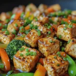 - 14 ounces firm tofu - 2 tablespoons soy sauce (low-sodium preferred) - 2 tablespoons cornstarch - 3 tablespoons vegetable oil (such as canola or peanut oil) - 1 bell pepper (red, yellow, or green), sliced - 1 cup broccoli florets - 1 cup snap peas - 1 carrot, julienned - 2 cloves garlic, minced - 1 tablespoon fresh ginger, minced - 1 tablespoon sesame oil - Chopped green onions for garnish - Sesame seeds for garnish