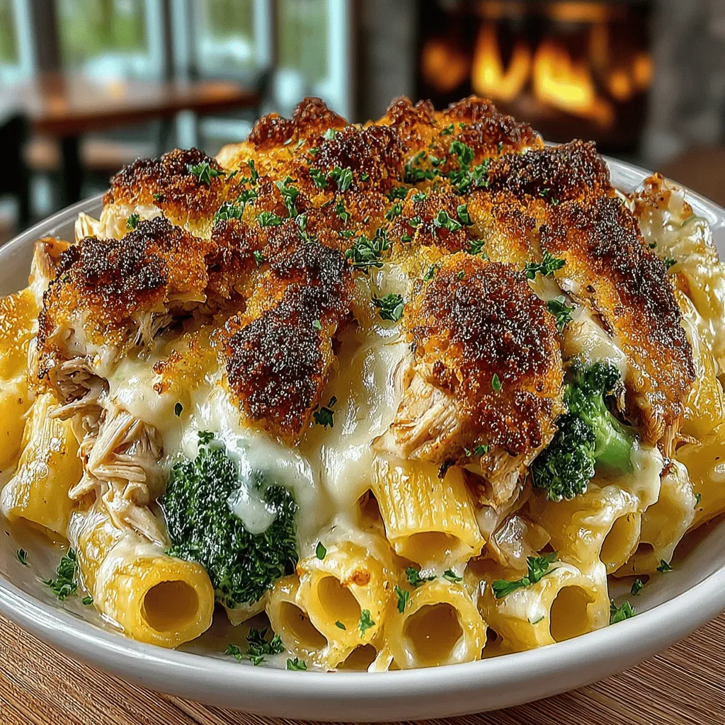 - 8 ounces penne pasta - 2 cups cooked chicken, shredded or diced - 2 cups broccoli florets (fresh or frozen) - 1 cup heavy cream - 1 cup shredded cheddar cheese - 1/2 cup grated Parmesan cheese - 1 teaspoon garlic powder - 1 teaspoon onion powder - 1 teaspoon Italian seasoning - Salt and pepper to taste - 1 tablespoon olive oil - Optional: breadcrumbs for topping