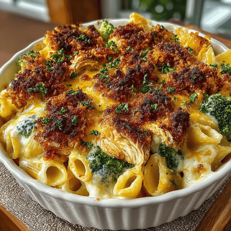 - 8 ounces penne pasta - 2 cups cooked chicken, shredded or diced - 2 cups broccoli florets (fresh or frozen) - 1 cup heavy cream - 1 cup shredded cheddar cheese - 1/2 cup grated Parmesan cheese - 1 teaspoon garlic powder - 1 teaspoon onion powder - 1 teaspoon Italian seasoning - Salt and pepper to taste - 1 tablespoon olive oil - Optional: breadcrumbs for topping