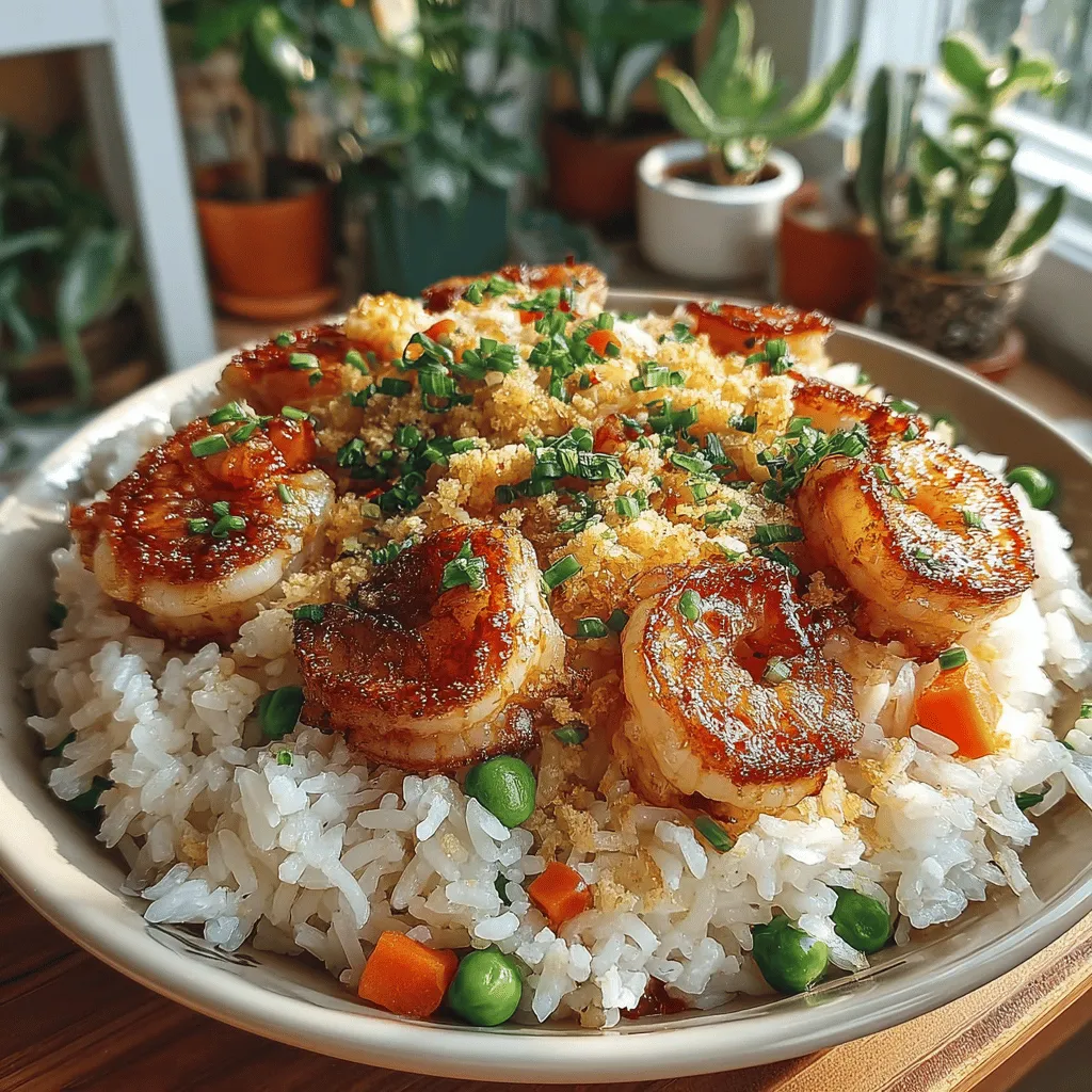- 2 cups chilled jasmine rice - 1 pound shrimp, peeled and deveined - 1 cup frozen peas and carrots mix - 2 cloves garlic, minced - 2 large eggs, beaten - 3 tablespoons soy sauce - 1 tablespoon sesame oil - 2 green onions, sliced - Optional: hot sauce for added heat