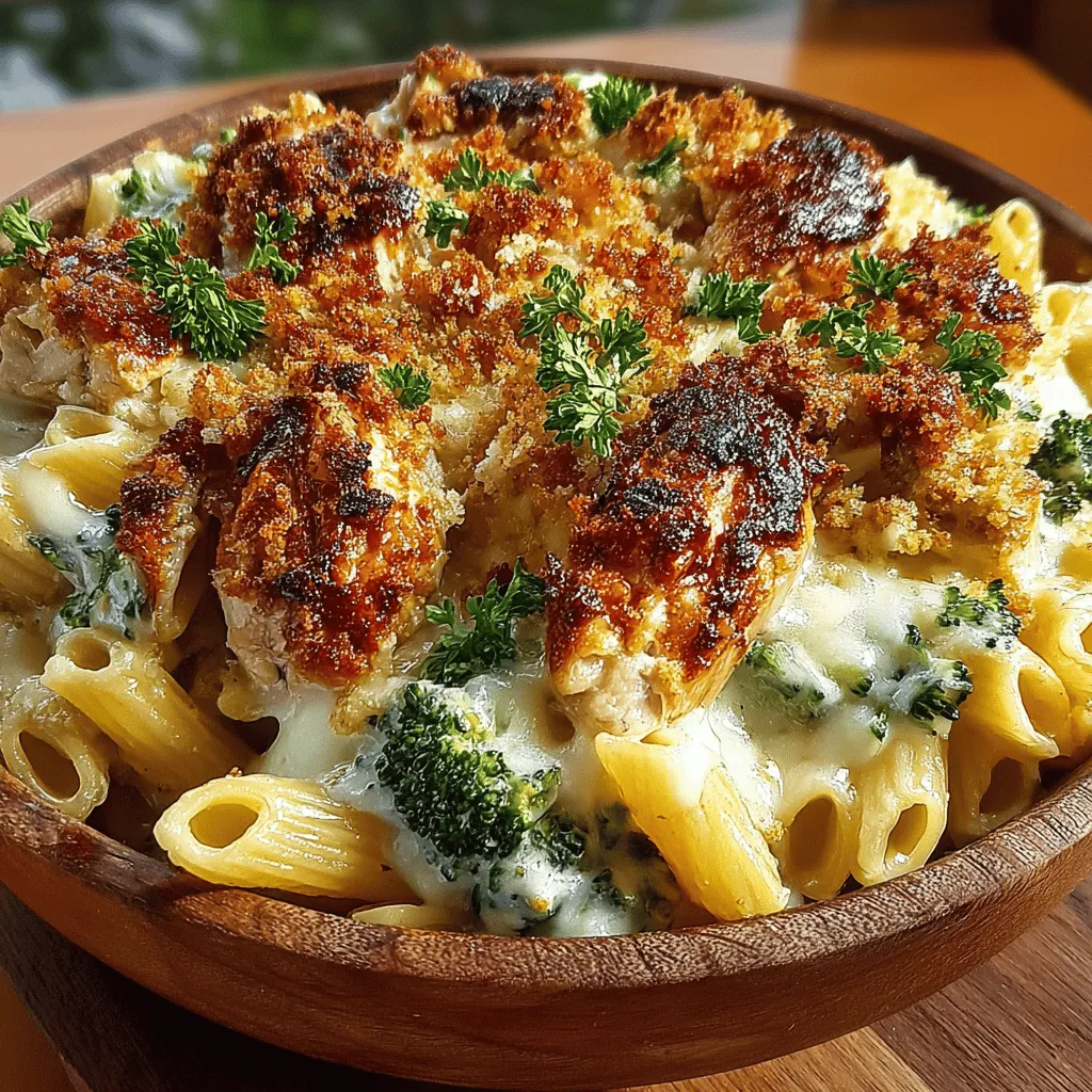 - 8 oz penne pasta - 2 cups cooked rotisserie chicken, shredded - 2 cups broccoli florets (fresh or frozen) - 1 cup cream cheese, softened - 1 cup milk - 1 cup chicken broth - 1 cup shredded cheddar cheese - 1/2 cup grated Parmesan cheese - 1 teaspoon garlic powder - 1 teaspoon onion powder - Salt and pepper to taste - 1 tablespoon olive oil - Fresh parsley, chopped (for garnish)