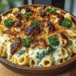 - 8 oz penne pasta - 2 cups cooked rotisserie chicken, shredded - 2 cups broccoli florets (fresh or frozen) - 1 cup cream cheese, softened - 1 cup milk - 1 cup chicken broth - 1 cup shredded cheddar cheese - 1/2 cup grated Parmesan cheese - 1 teaspoon garlic powder - 1 teaspoon onion powder - Salt and pepper to taste - 1 tablespoon olive oil - Fresh parsley, chopped (for garnish)